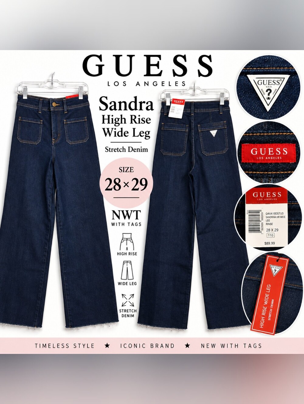 GUESS Sandra Jeans Womens 28x29 High Rise Wide Leg Stretch Dark Rinse NWT